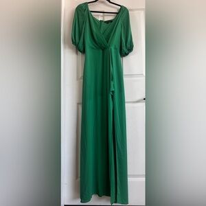BCBGMaxAzria Emerald Green Wrap Maxi Dress with Puff Sleeves